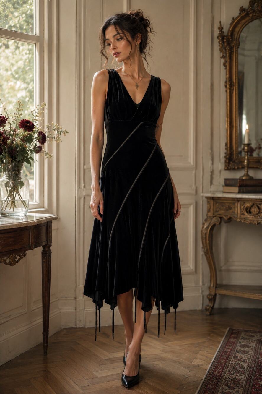 VTG NWT Bobbie Bee Velvet Asymmetrical Hem Dress Black Whimsigoth Dark Romantic